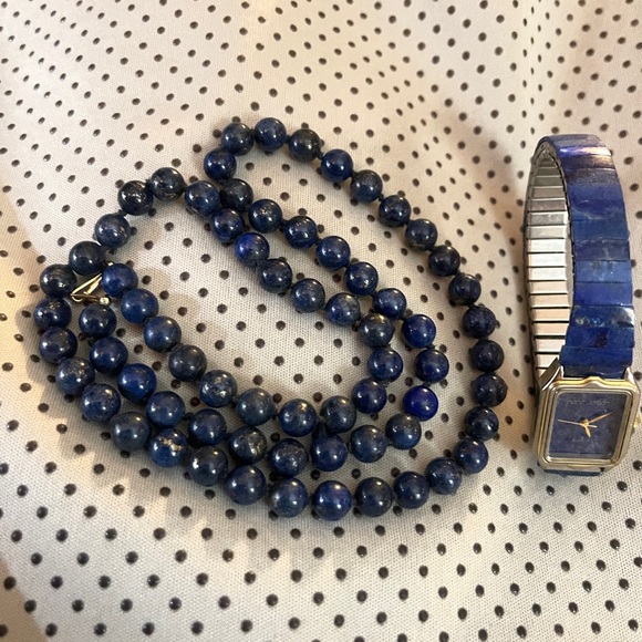 BlueNatural Lspis Laxuli Gemstone Beaded Necklace and Watch Set